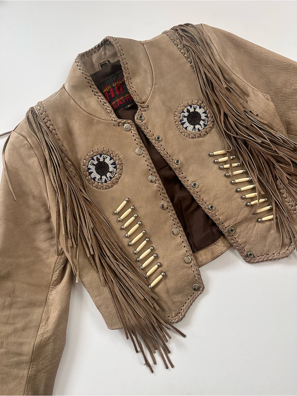 Vintage Hot Leathers Fringed Suede Beaded Jacket - Tan